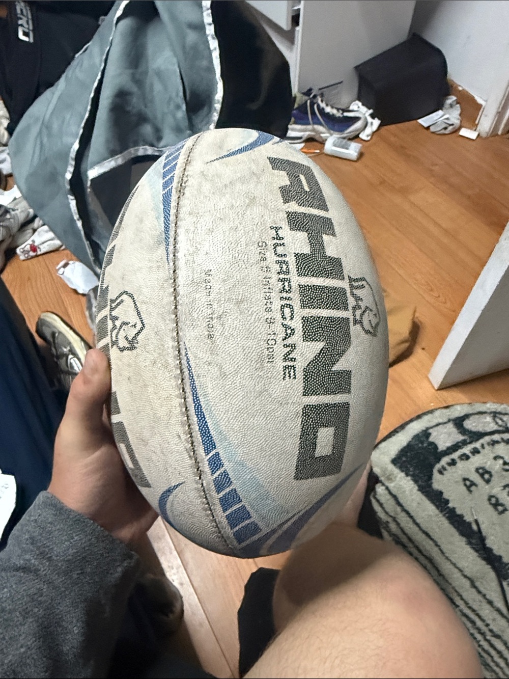Game Used CAL rugby ball Rhino Hurricane Rugby Ball in White and Blue